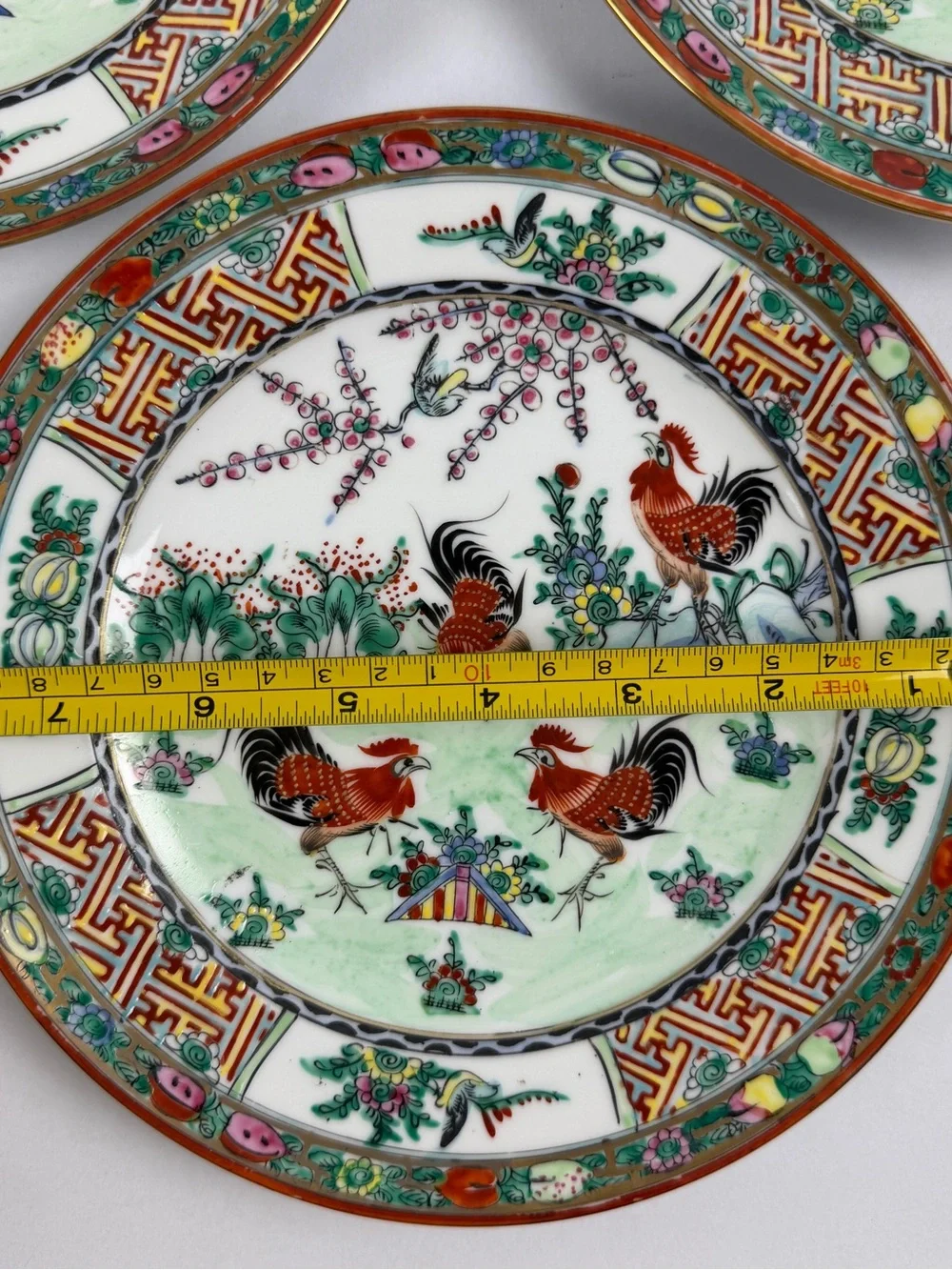 Chinese Famille Rose Canton Rooster Porcelain Plates Set of 3, 8” Hong Kong